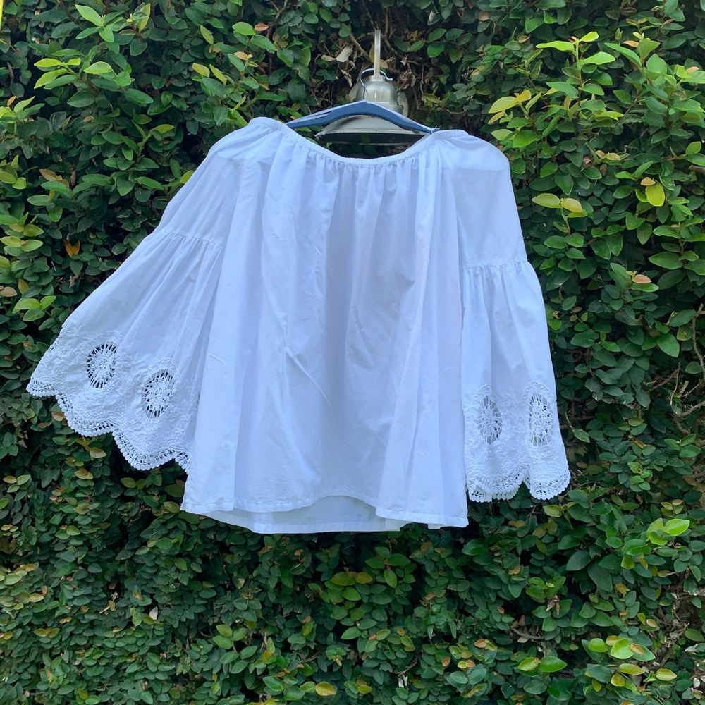 LOFT White Cotton Off-Shoulder Blouse with Lace